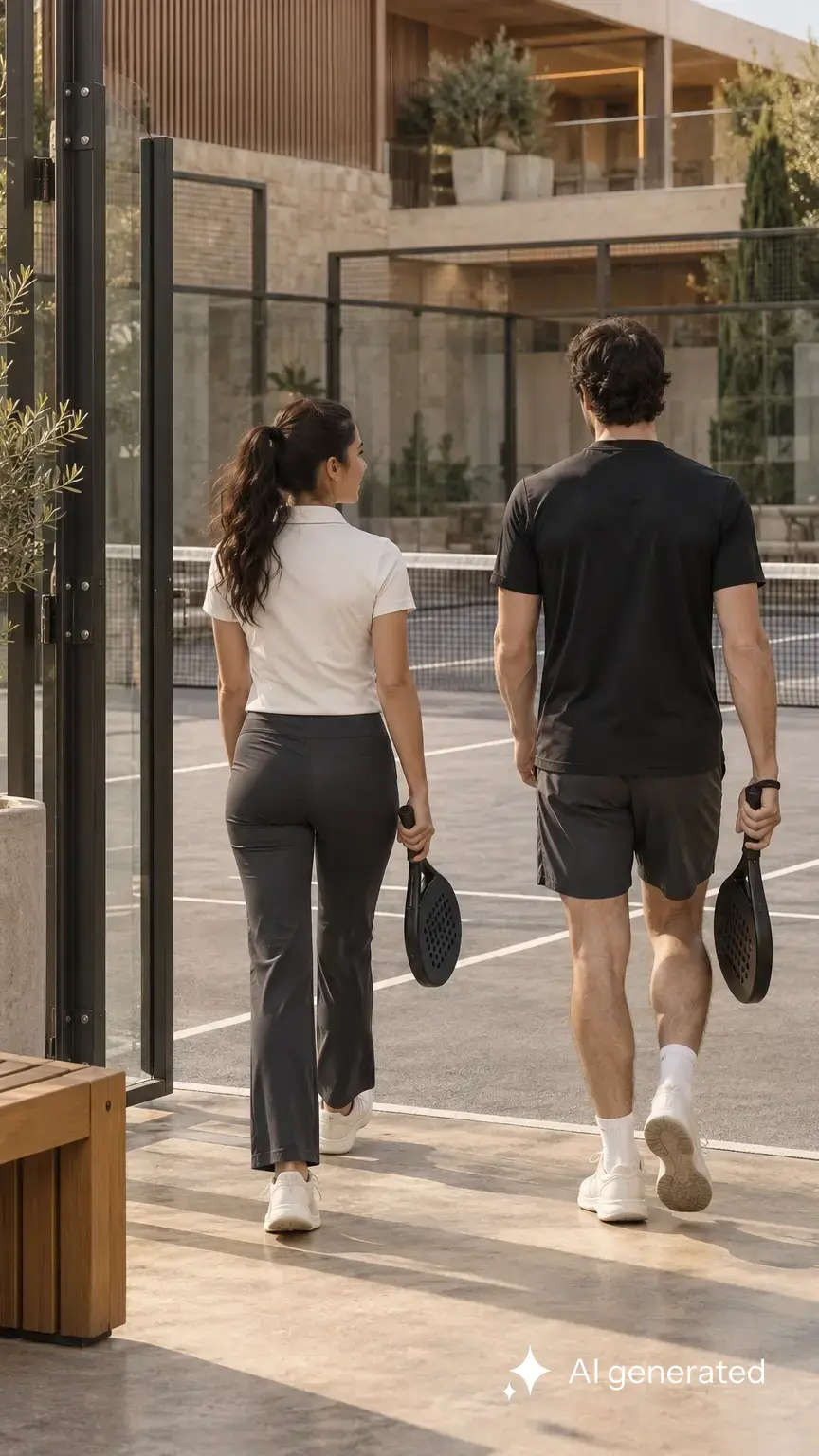 Zwei Menschen kommen gemeinsam am Padelcourt an.