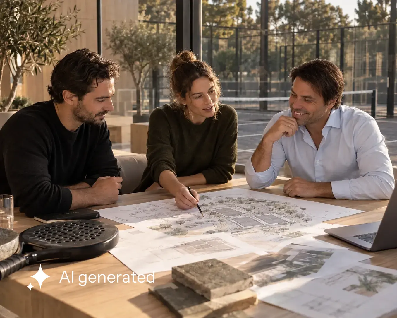 Thorsten Fellmann und zwei Kollegen besprechen die Architekturpläne einer Padelanlage.
