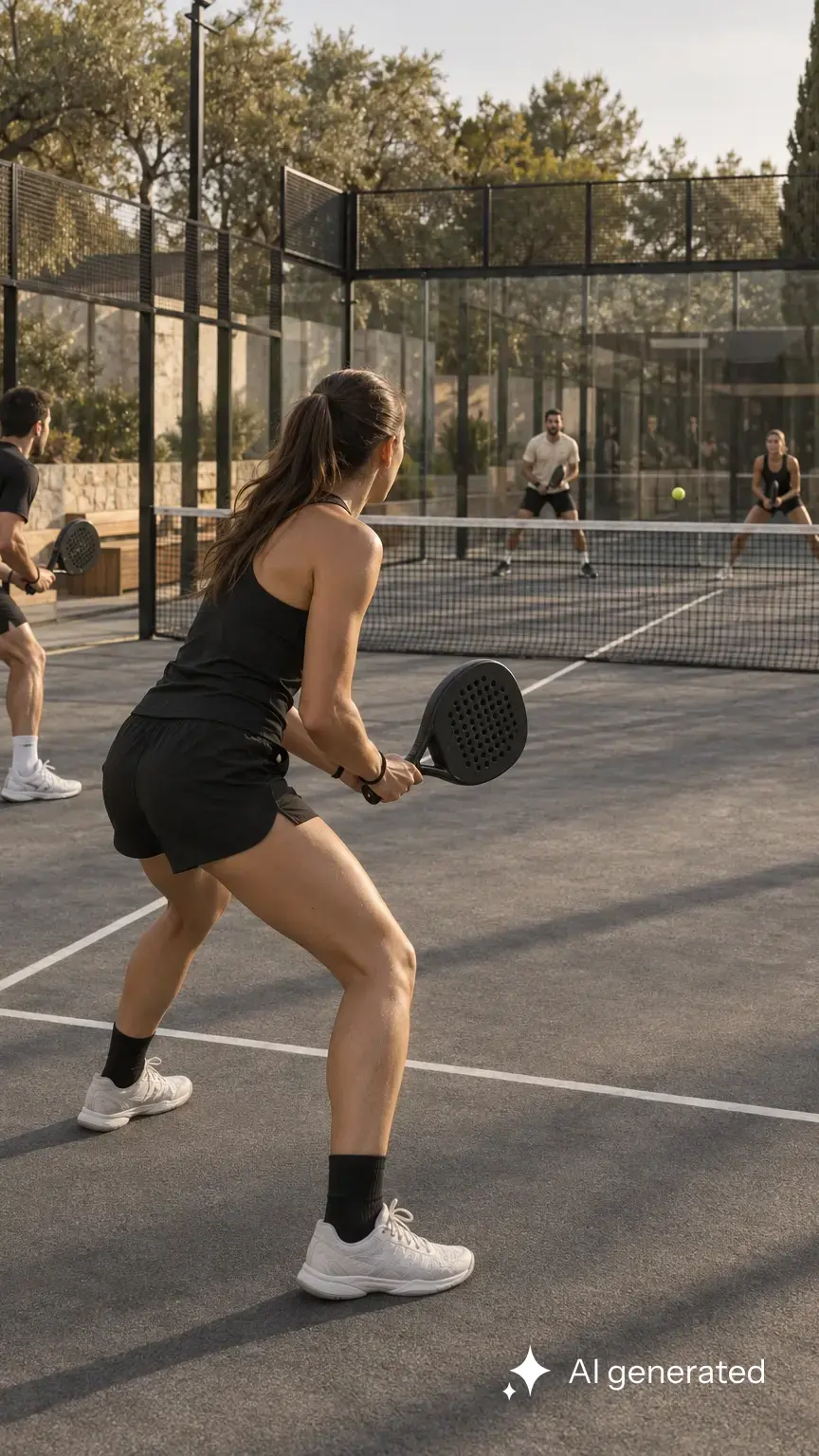 Eine Spielerin bereitet sich auf den nächsten Ball im Padel-Doppel vor.