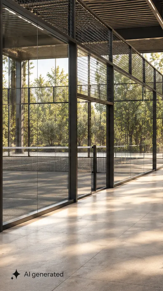 Konzeptvisualisierung Annerod: Lichtdurchfluteter Gang mit Holzbank außerhalb eines Indoor-Padelcourts.