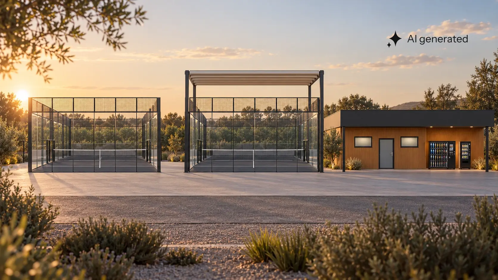 Konzeptvisualisierung Marburg: Outdoor-Court, Cabrio-Court und größeres Servicegebäude mit zwei Automaten im warmen Licht.