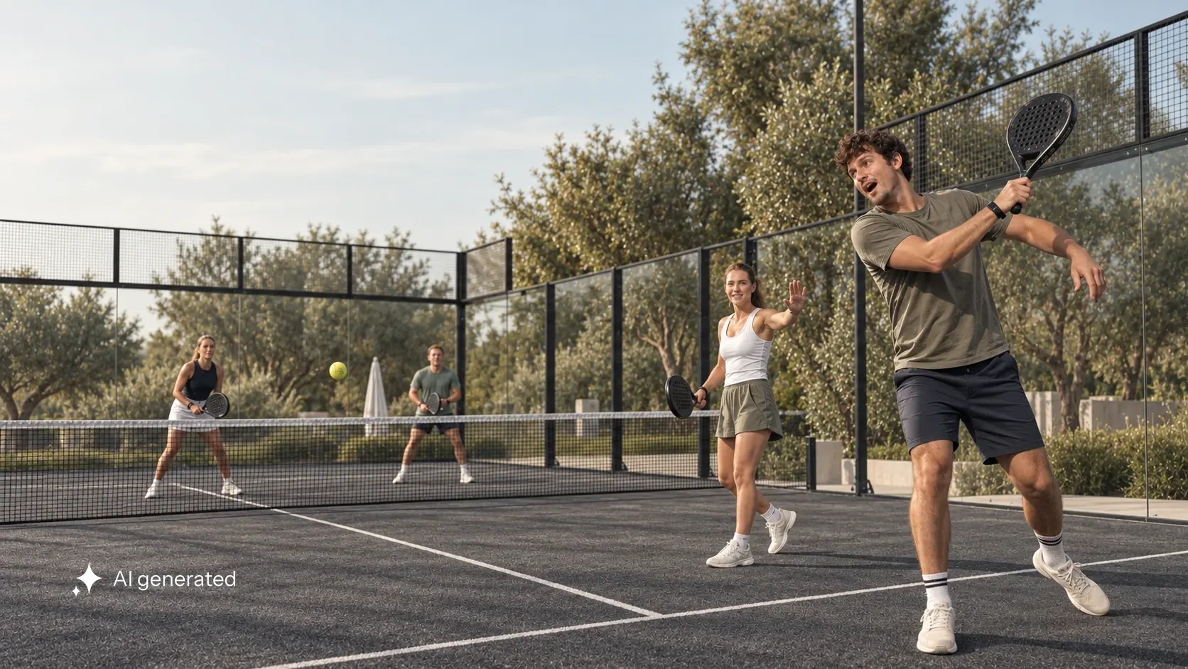 Ein Padel-Anfänger findet nach einem großen Schwung seine Position wieder, während drei weitere Erwachsene auf dem graphitgrauen Court spielen.