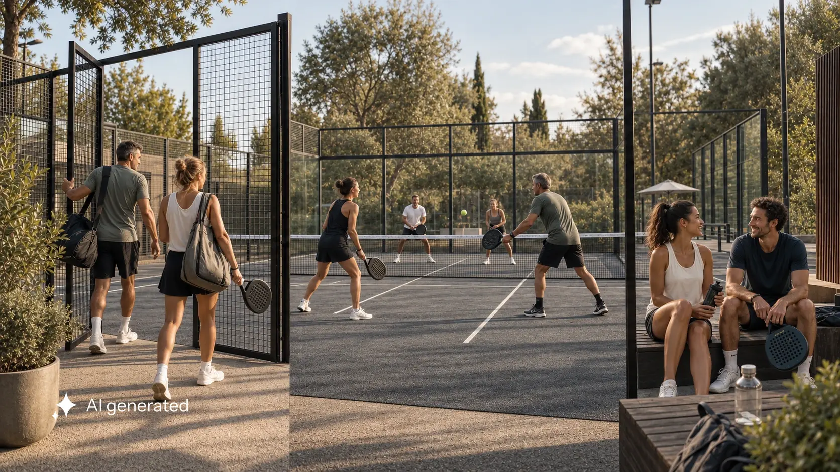 Erwachsene kommen am Padelclub an, spielen ein Doppel auf einem graphitgrauen Court und unterhalten sich am Spielfeldrand im warmen Licht.