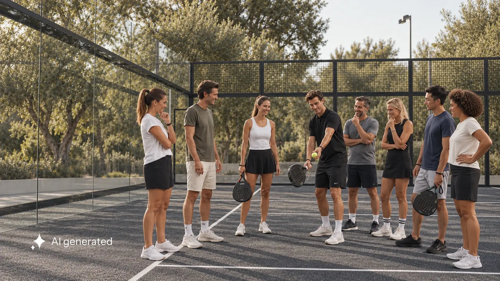 Acht Kolleginnen und Kollegen erhalten eine Padel-Einweisung auf einem graphitgrauen Court im warmen Licht.