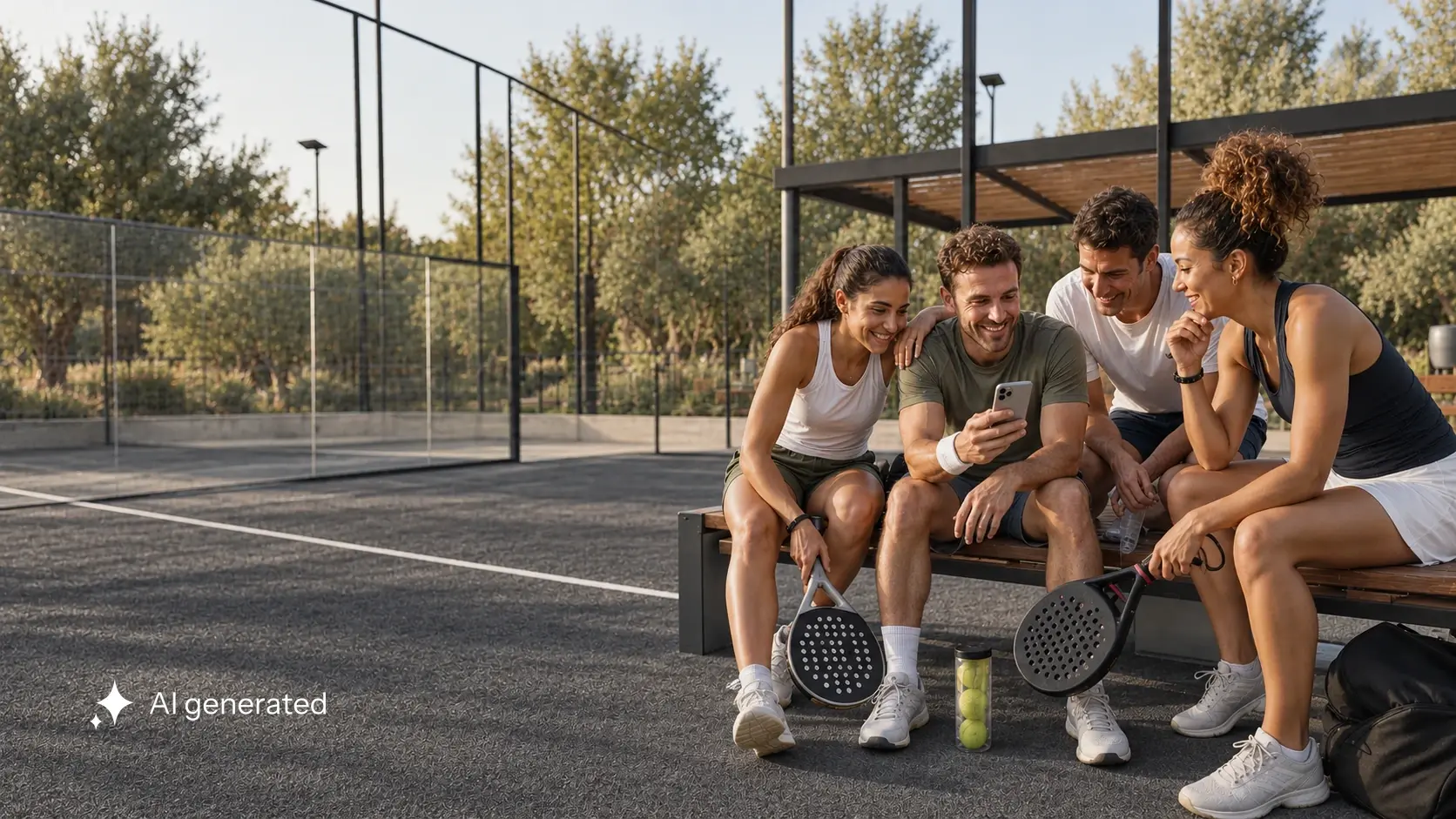 Vier Erwachsene sitzen nach dem Padel-Match zusammen und schauen auf ein Smartphone neben einem graphitgrauen Court.