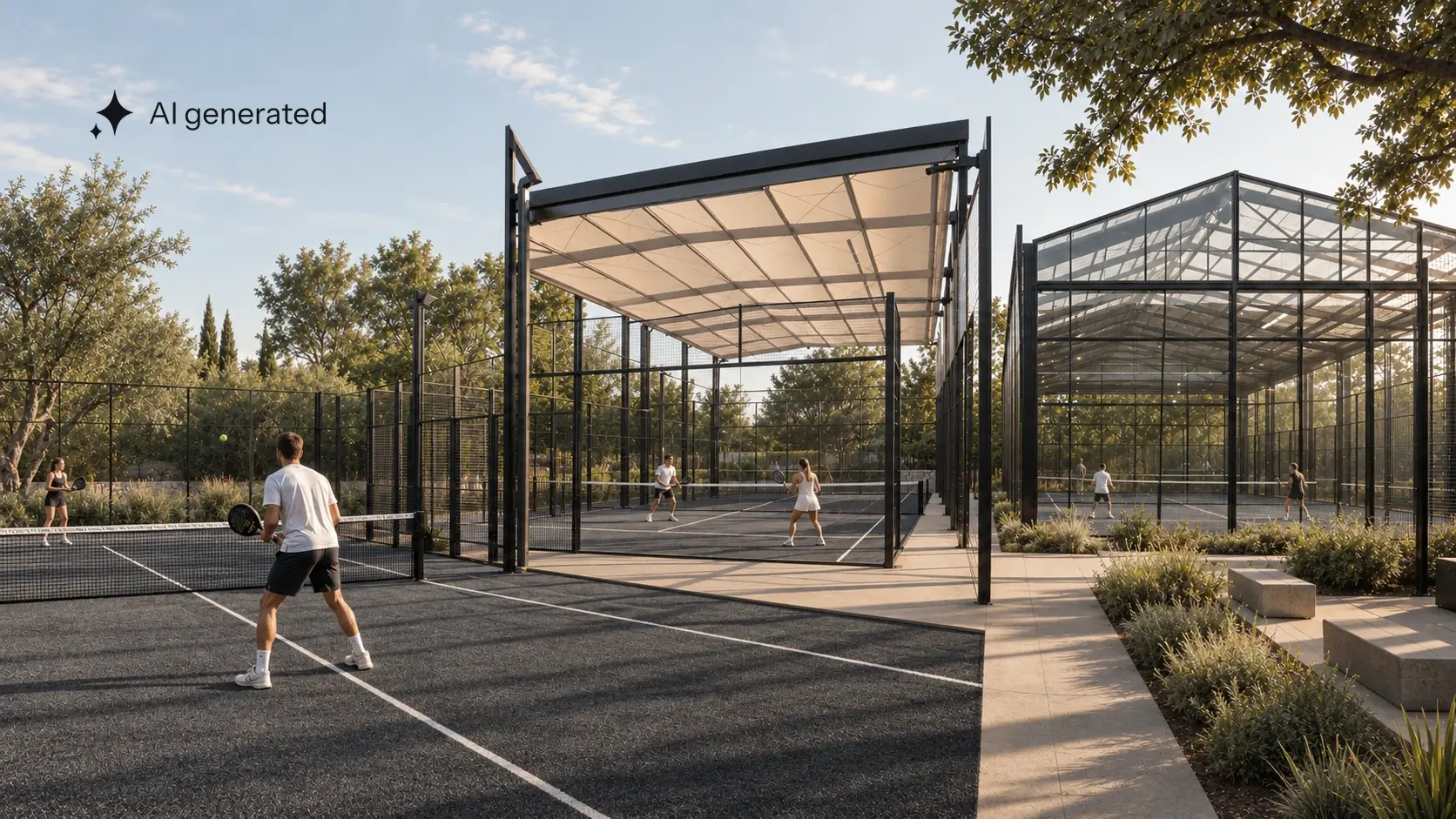 Graphitgraue Padel-Courts im Freien, unter einem Cabrio-Dach und in einer hellen Glashalle im warmen Nachmittagslicht.