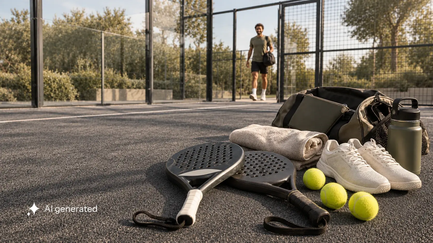 Zwei Padelschläger, drei Bälle, Courtschuhe, Trinkflasche, Handtuch und Sporttasche auf graphitgrauem Courtbelag im warmen Licht.