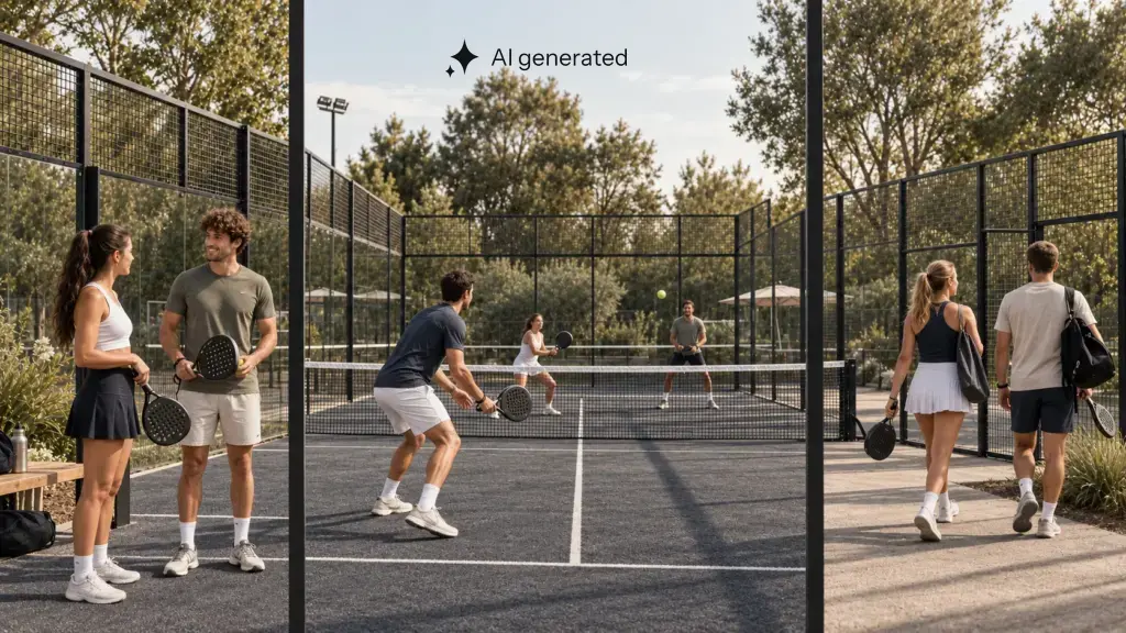 Erwachsene spielen Padel, unterhalten sich und wechseln zwischen Runden an einem graphitgrauen Court im warmen Nachmittagslicht.