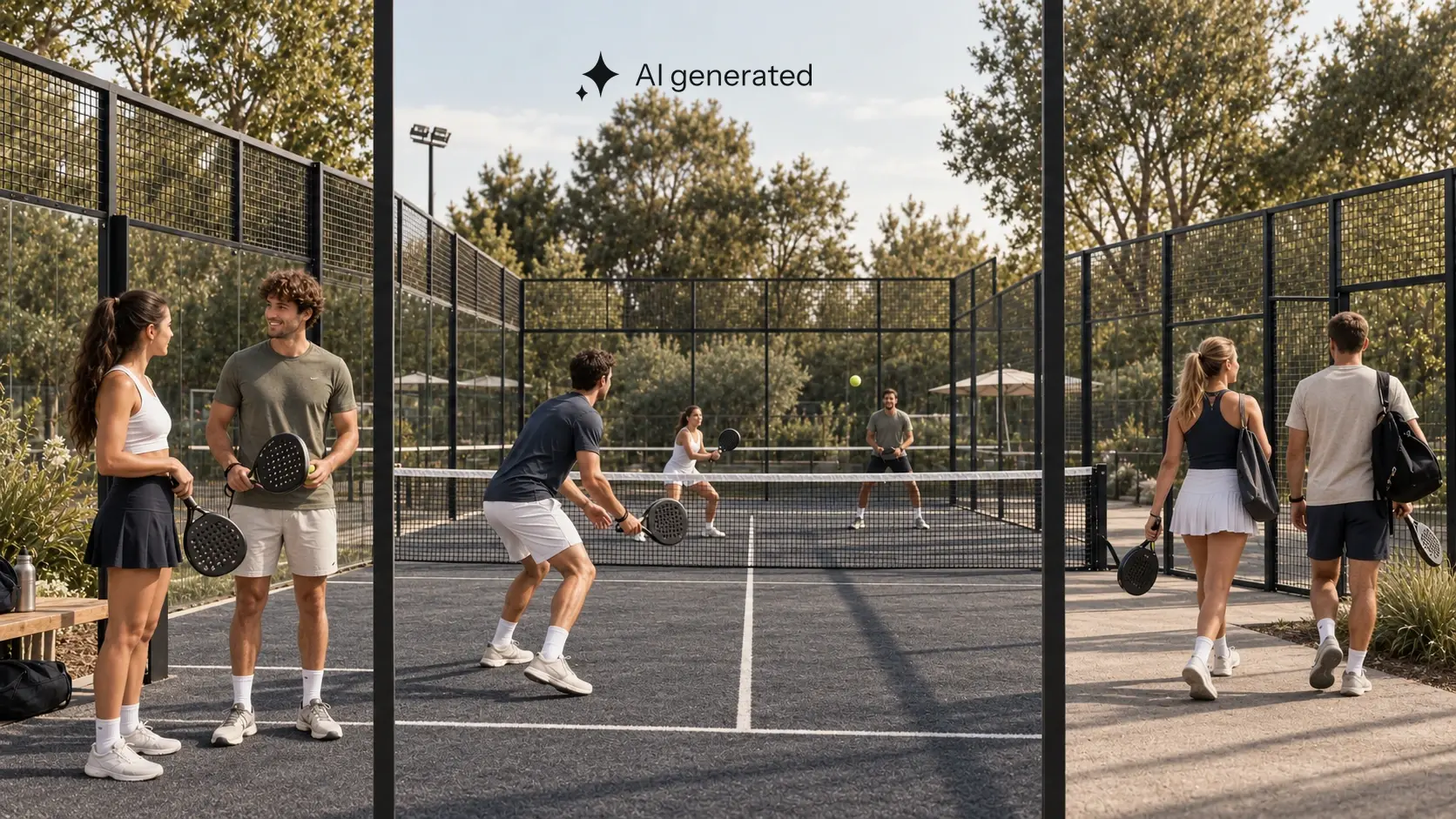 Erwachsene spielen Padel, unterhalten sich und wechseln zwischen Runden an einem graphitgrauen Court im warmen Nachmittagslicht.