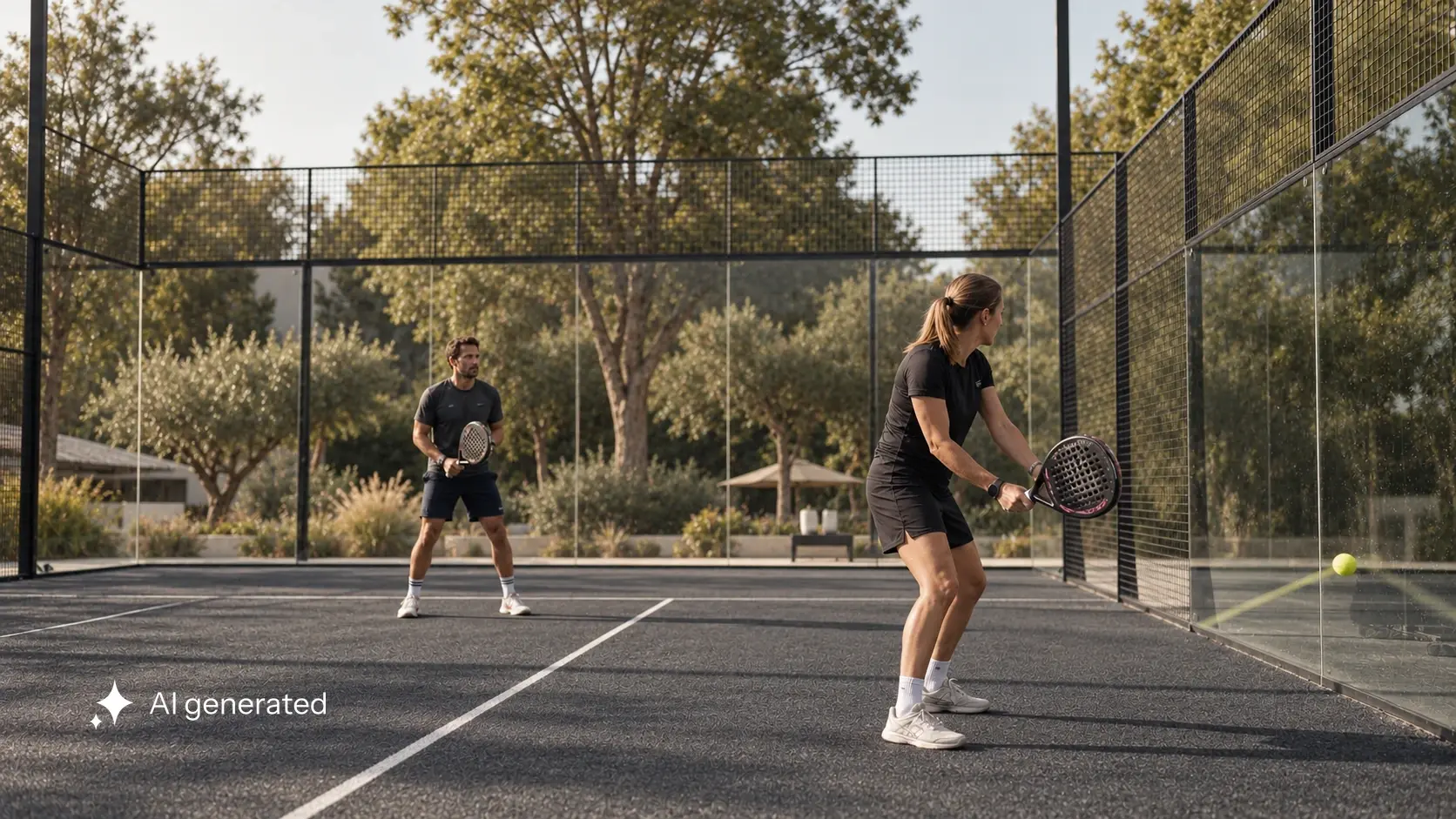 Eine Spielerin bereitet den Rückschlag nach einem Glaswand-Rebound vor, während ihr Partner auf dem graphitgrauen Padel-Court wartet.