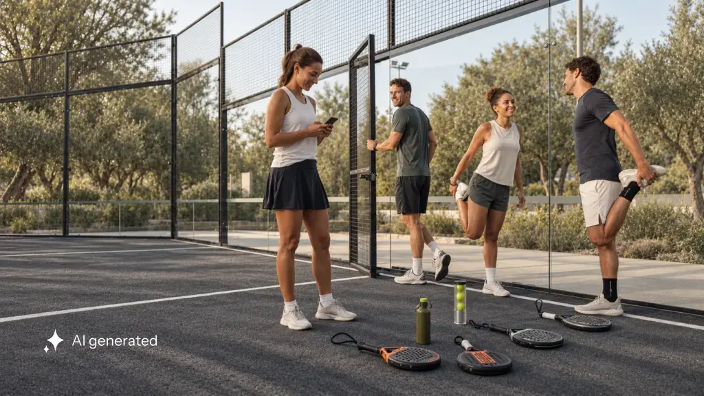 Vier Erwachsene bereiten sich am graphitgrauen Padel-Court auf ihr regelmäßiges Match im warmen Nachmittagslicht vor.