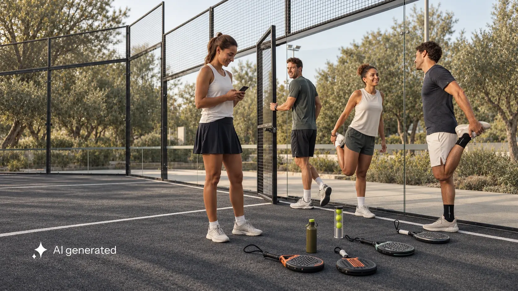 Vier Erwachsene bereiten sich am graphitgrauen Padel-Court auf ihr regelmäßiges Match im warmen Nachmittagslicht vor.