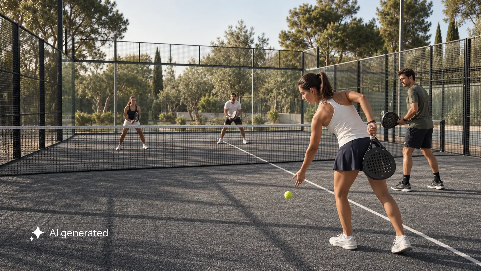 Vier Erwachsene beginnen auf einem graphitgrauen Padel-Court mit einem Unterhandaufschlag einen Punkt im warmen Nachmittagslicht.