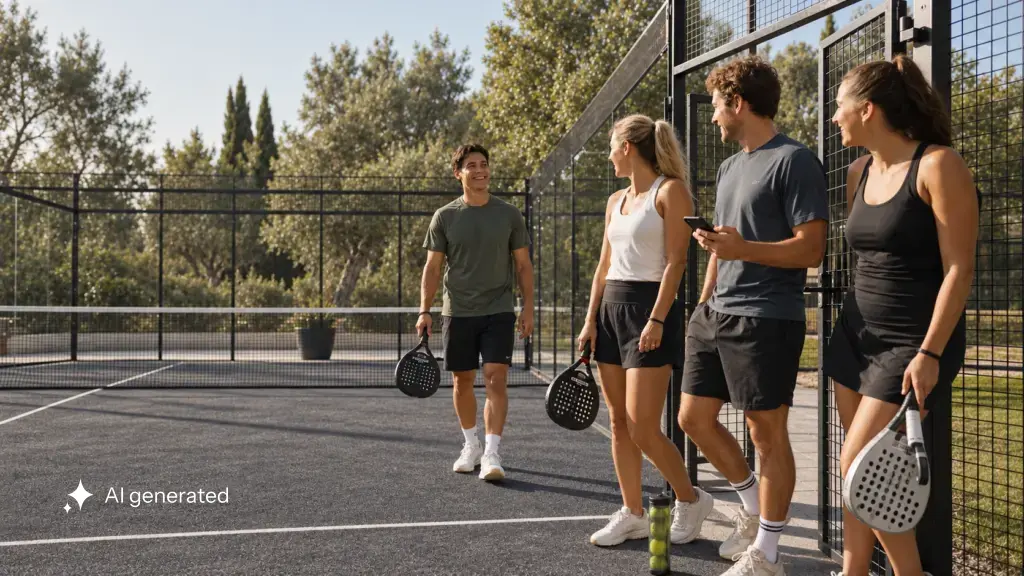 Drei Erwachsene begrüßen einen vierten Mitspieler am Tor eines graphitgrauen Outdoor-Padel-Courts im warmen Licht.