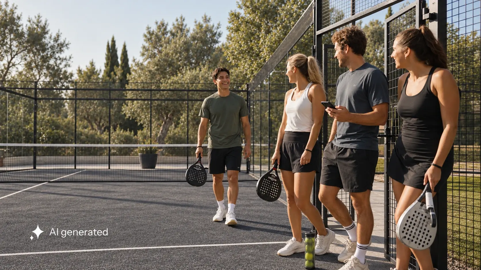 Drei Erwachsene begrüßen einen vierten Mitspieler am Tor eines graphitgrauen Outdoor-Padel-Courts im warmen Licht.