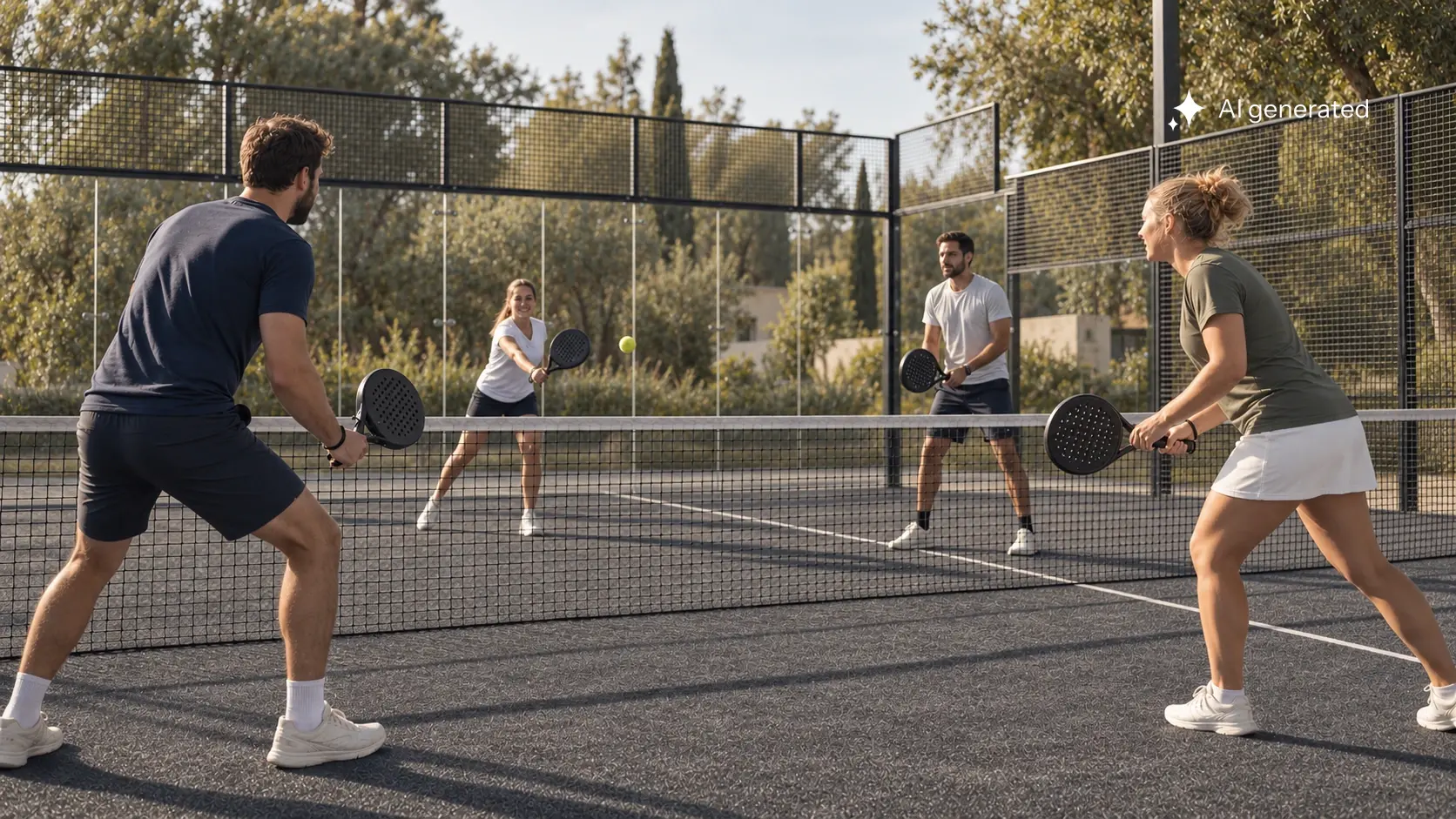 Vier Erwachsene spielen sich mit ruhigen Bällen auf einem graphitgrauen Outdoor-Padel-Court im warmen Nachmittagslicht ein.
