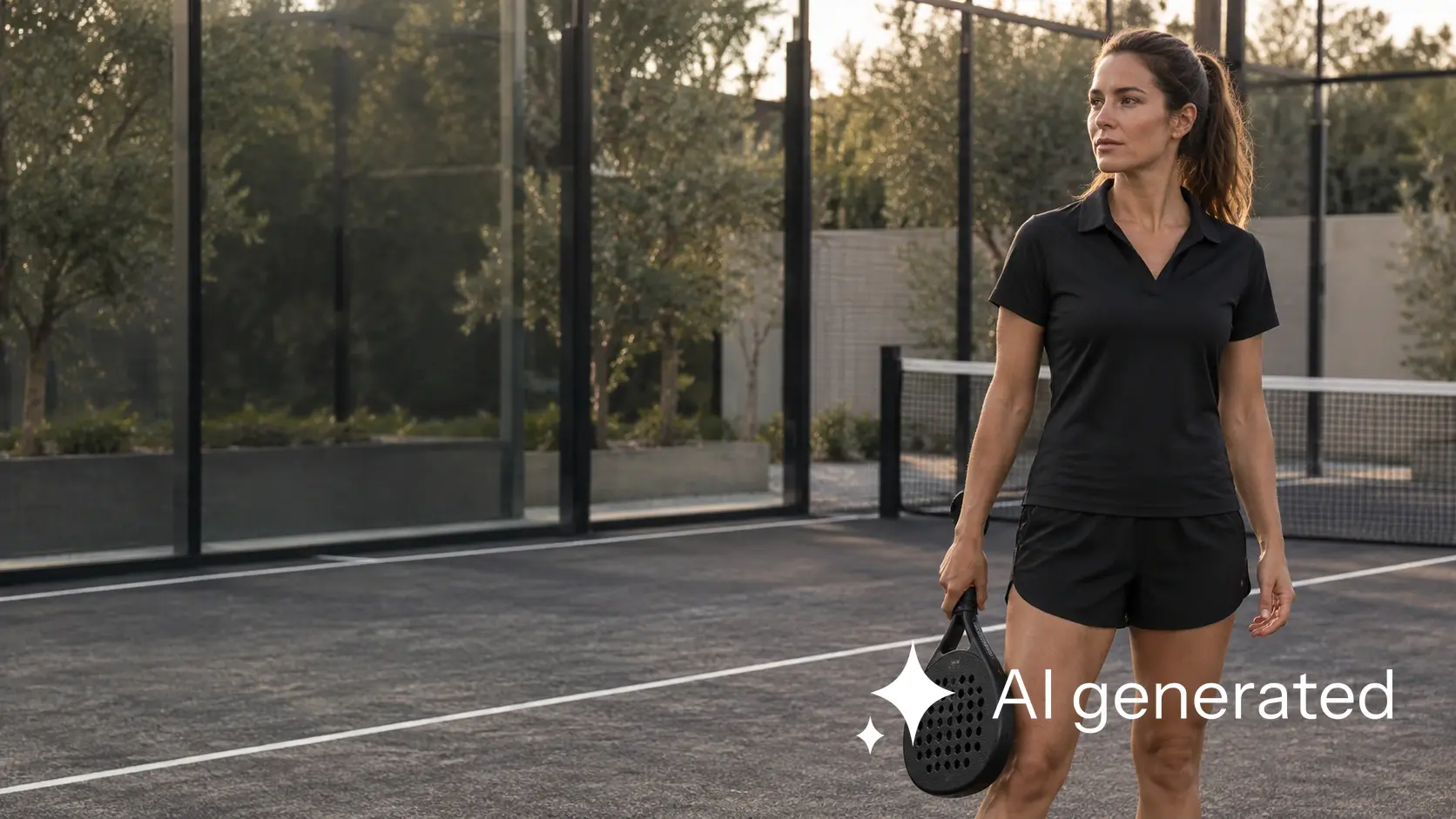 Padelspielerin mit schwarzem Schläger auf einem graphitgrauen Court im warmen Tageslicht.