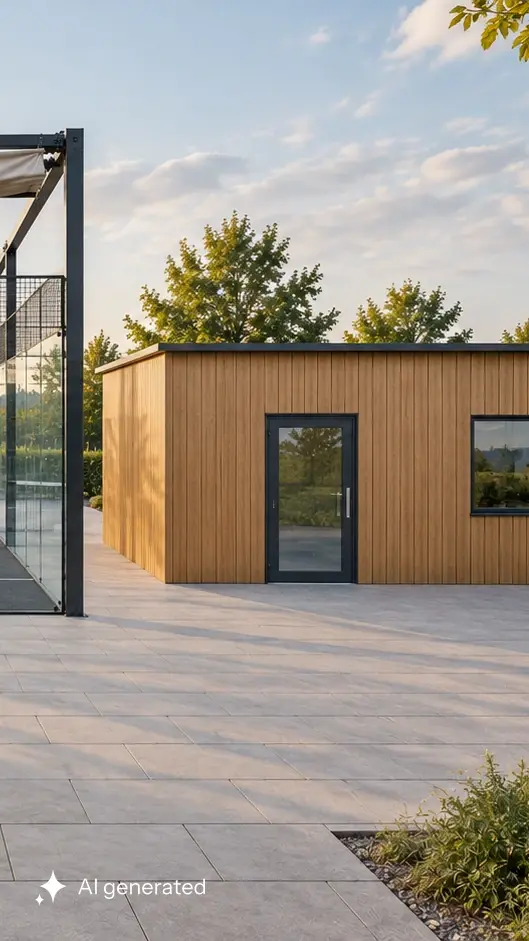 Konzeptvisualisierung Wetzlar: Clubhaus und Terrasse neben einem Cabrio-Padelcourt.