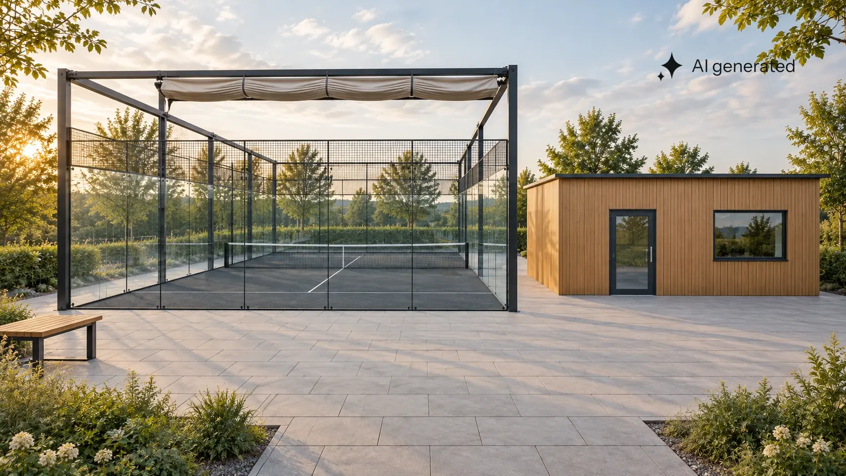 Konzeptvisualisierung Wetzlar: Clubhaus und Terrasse neben einem Cabrio-Padelcourt.