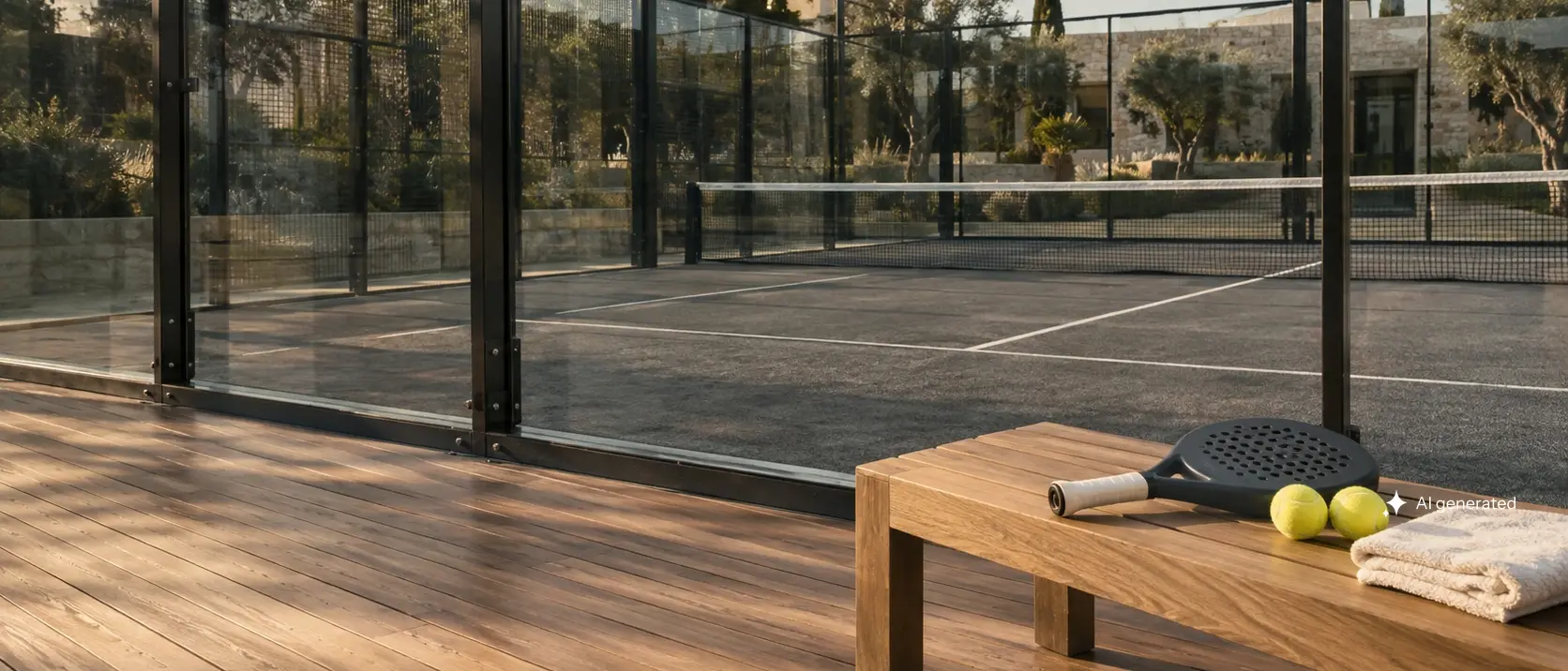 Padelschläger, zwei Bälle und ein Handtuch auf einer Holzbank auf der Terrasse, durch Glas vom Court getrennt.