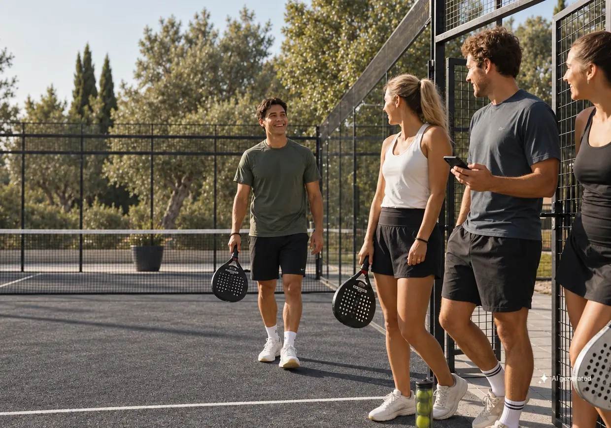 Drei Erwachsene begr&uuml;&szlig;en einen vierten Mitspieler am Tor eines graphitgrauen Outdoor-Padel-Courts im warmen Licht.
