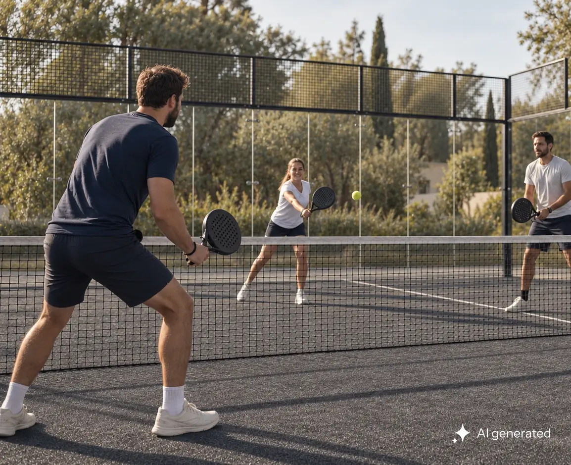 Vier Erwachsene spielen sich mit ruhigen Bällen auf einem graphitgrauen Outdoor-Padel-Court im warmen Nachmittagslicht ein.