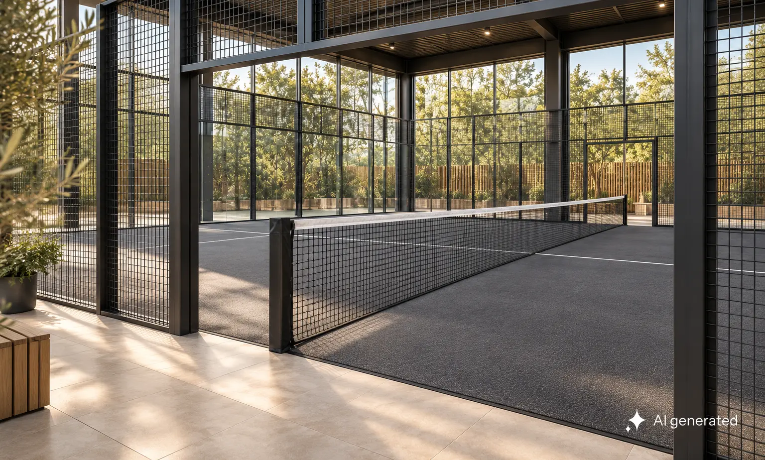 Konzeptvisualisierung Annerod: Offener Seiteneingang eines Indoor-Padelcourts mit niedrigem Netzpfosten und freien Durchgängen.