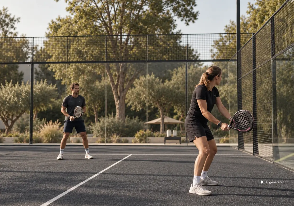 Eine Spielerin bereitet den R&uuml;ckschlag nach einem Glaswand-Rebound vor, w&auml;hrend ihr Partner auf dem graphitgrauen Padel-Court wartet.