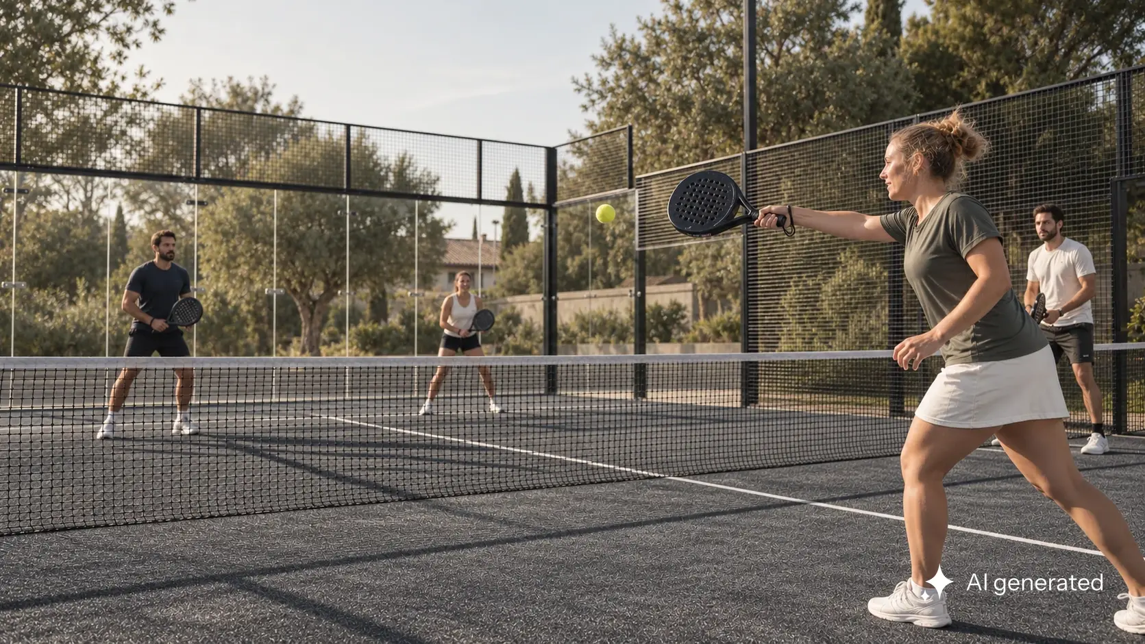 Vier Erwachsene spielen ein lockeres Padel-Doppel auf einem graphitgrauen Outdoor-Court im warmen Nachmittagslicht.