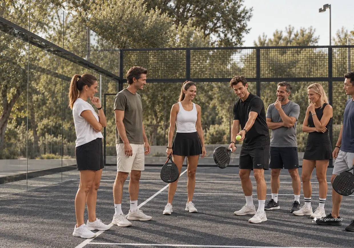 Acht Kolleginnen und Kollegen erhalten eine Padel-Einweisung auf einem graphitgrauen Court im warmen Licht.