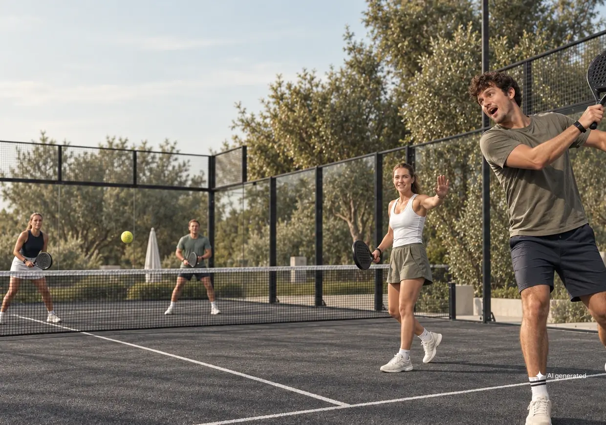 Ein Padel-Anfänger findet nach einem großen Schwung seine Position wieder, während drei weitere Erwachsene auf dem graphitgrauen Court spielen.