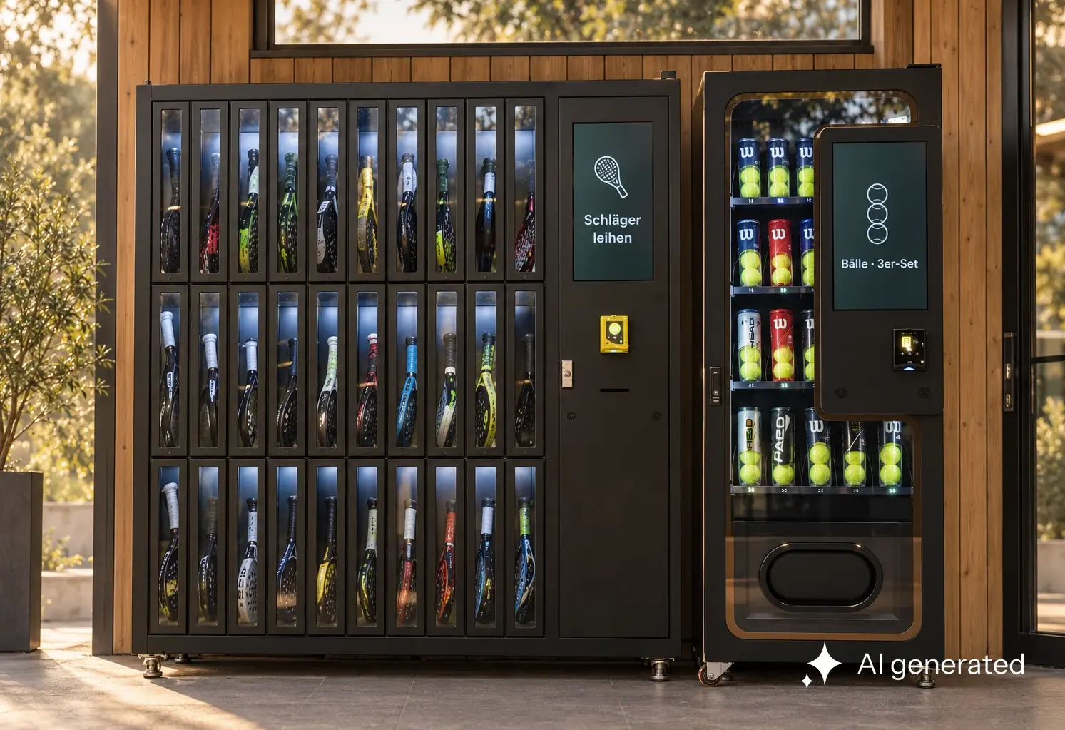 Konzeptvisualisierung Marburg: VendBox 30 für Leihschläger und Advanced XS für den Kauf von Padelbällen in Dreierpacks.