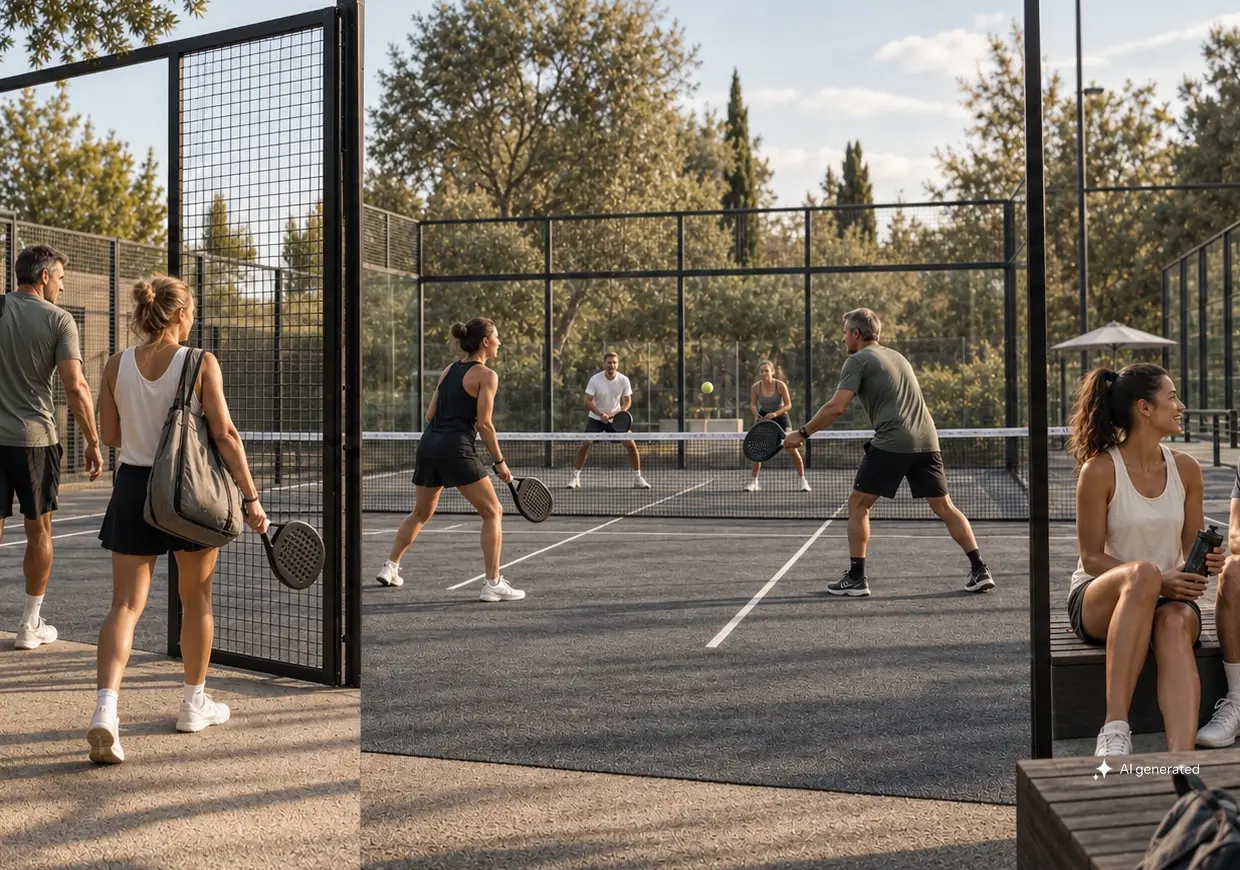 Erwachsene kommen am Padelclub an, spielen ein Doppel auf einem graphitgrauen Court und unterhalten sich am Spielfeldrand im warmen Licht.