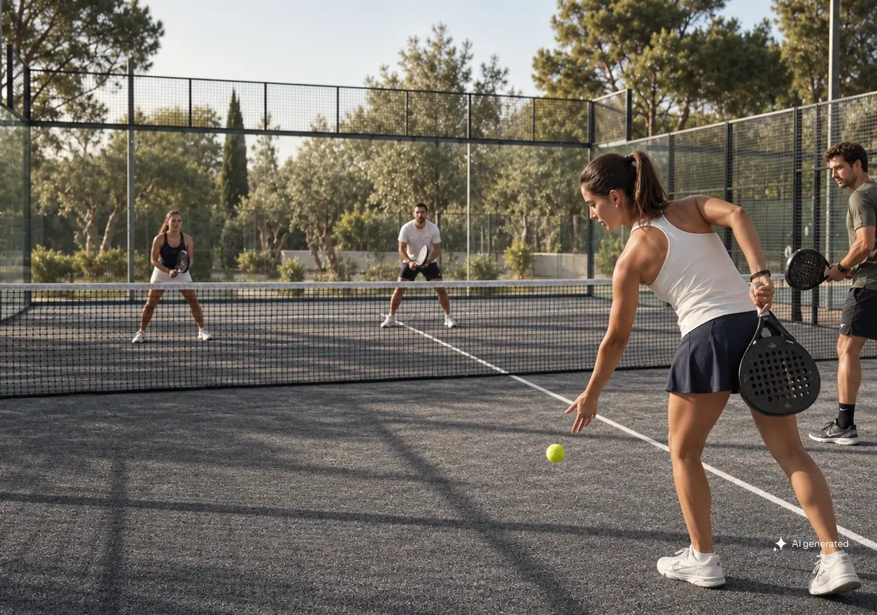Vier Erwachsene beginnen auf einem graphitgrauen Padel-Court mit einem Unterhandaufschlag einen Punkt im warmen Nachmittagslicht.