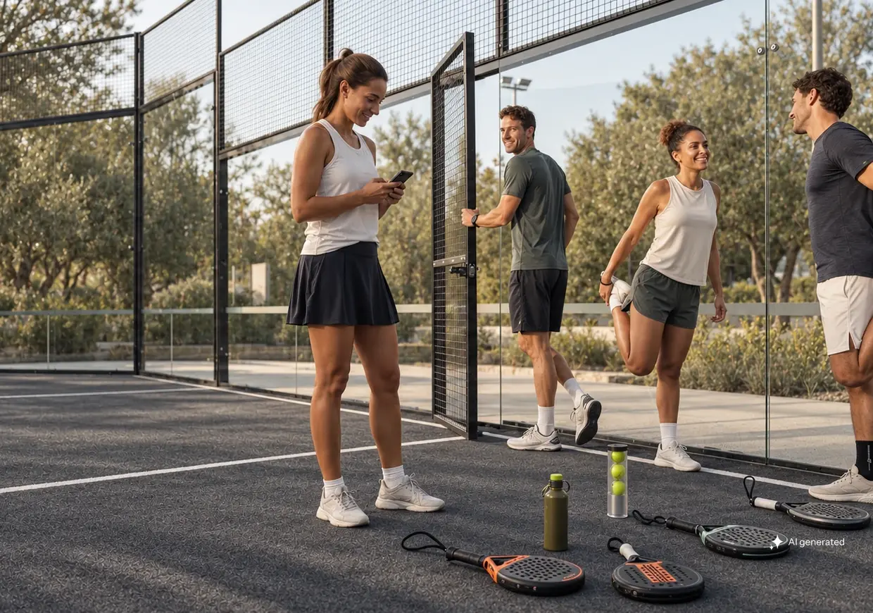 Vier Erwachsene bereiten sich am graphitgrauen Padel-Court auf ihr regelm&auml;&szlig;iges Match im warmen Nachmittagslicht vor.