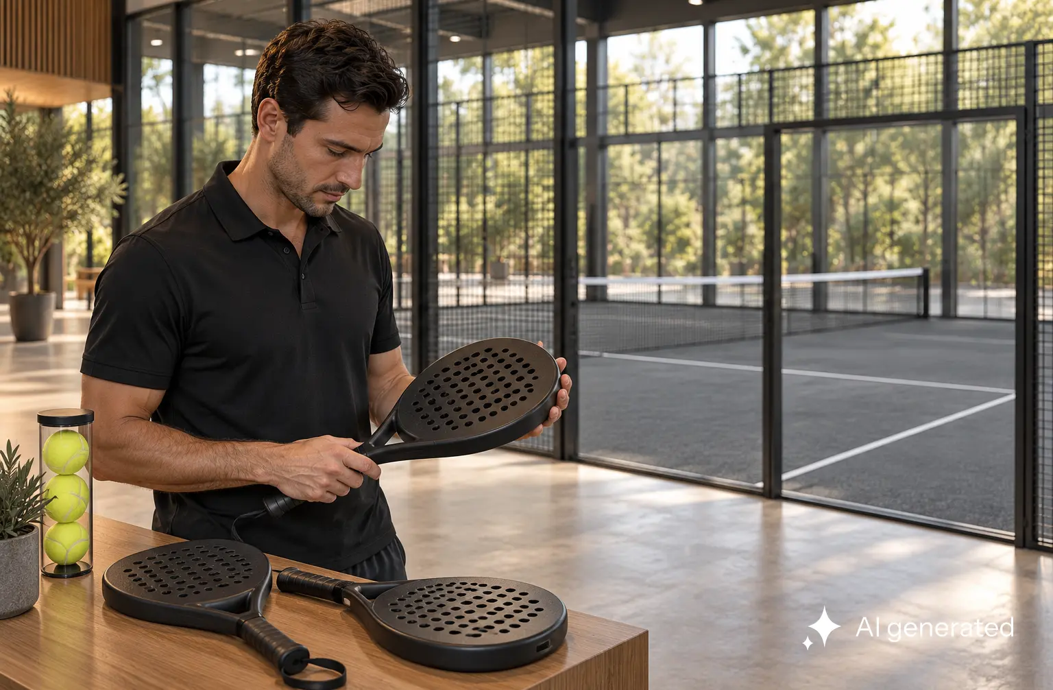 Konzeptvisualisierung Annerod: Spieler wählt einen schwarzen Padelschläger an einem Holztresen außerhalb des Indoor-Courts.