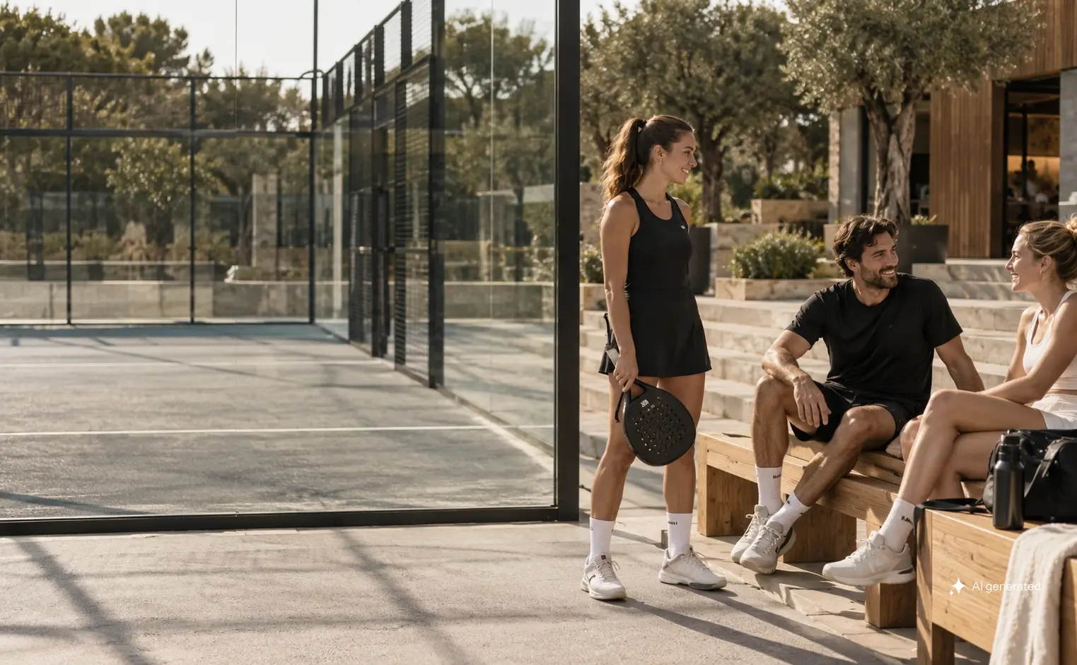Menschen unterhalten sich nach dem Padelspiel am Court.