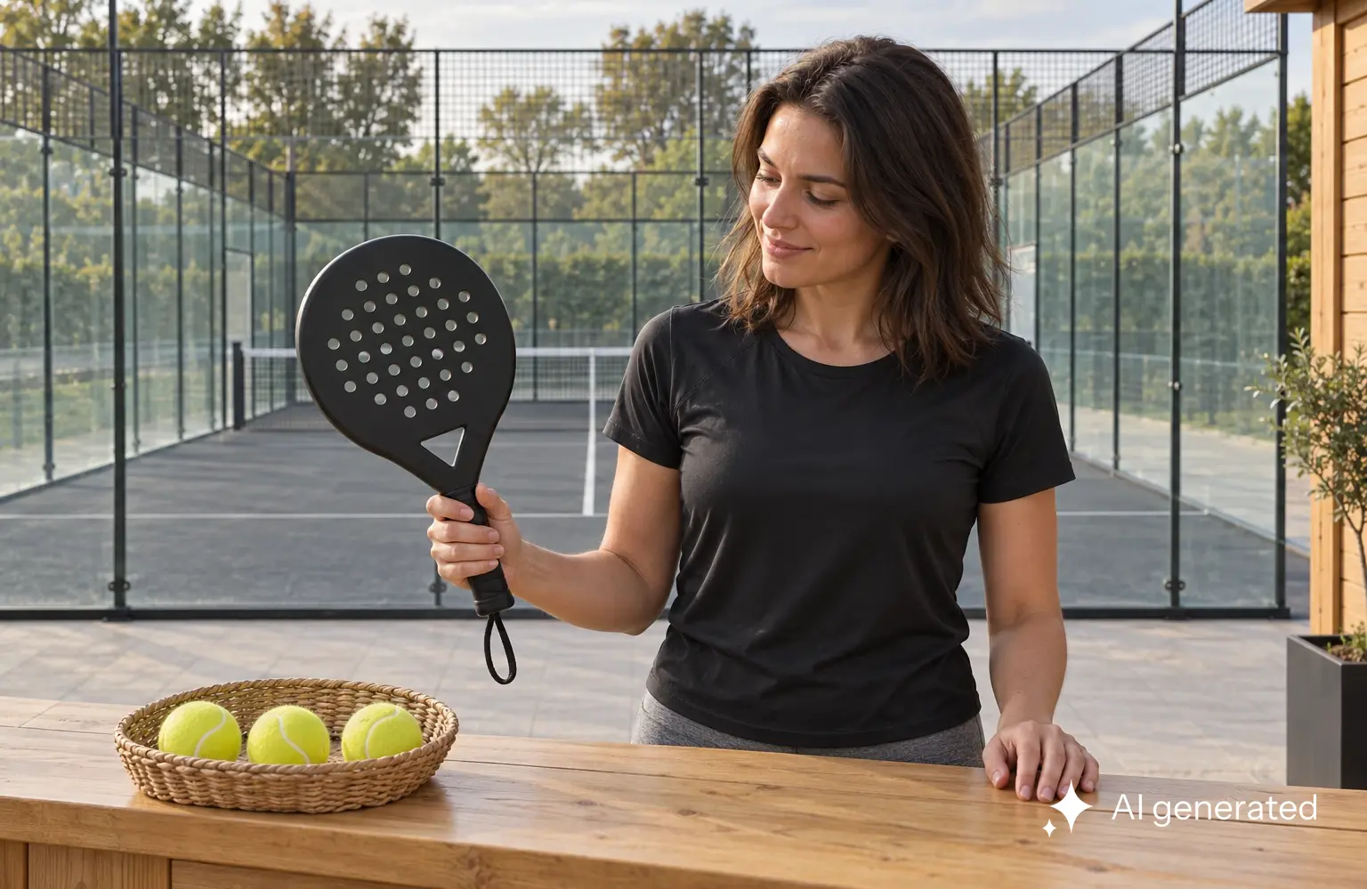 Konzeptvisualisierung Wetzlar: Spielerin mit Leihschläger und drei Padelbällen am Holztresen.