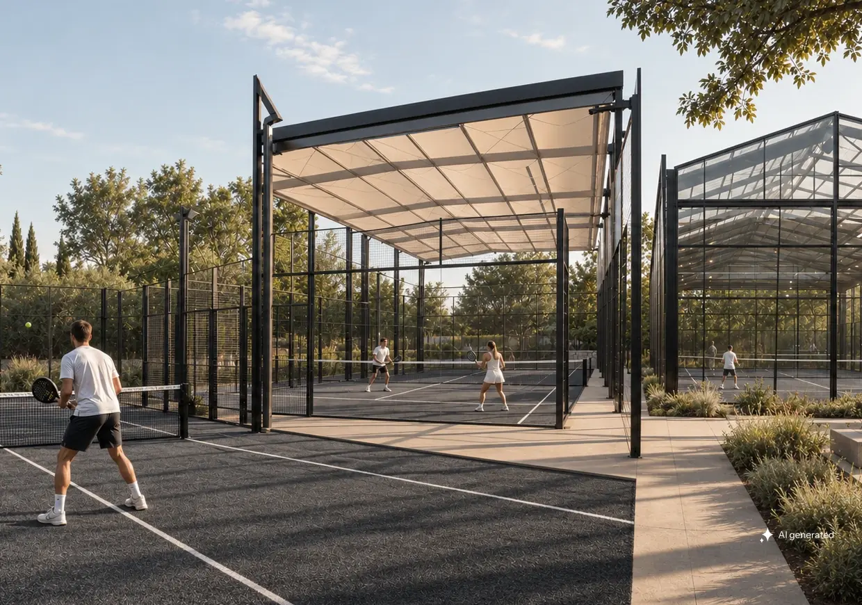 Graphitgraue Padel-Courts im Freien, unter einem Cabrio-Dach und in einer hellen Glashalle im warmen Nachmittagslicht.