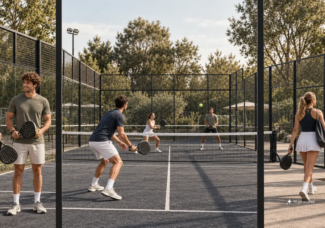 Erwachsene spielen Padel, unterhalten sich und wechseln zwischen Runden an einem graphitgrauen Court im warmen Nachmittagslicht.