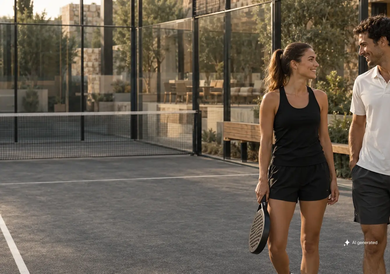 Zwei Freunde unterhalten sich nach dem Padelmatch am Court.