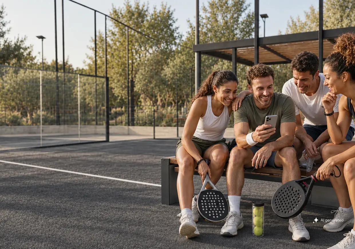 Vier Erwachsene sitzen nach dem Padel-Match zusammen und schauen auf ein Smartphone neben einem graphitgrauen Court.