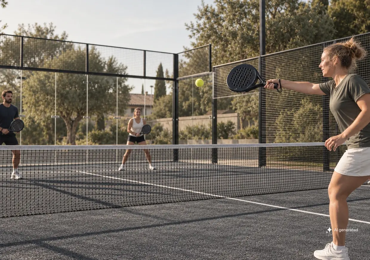 Vier Erwachsene spielen ein lockeres Padel-Doppel auf einem graphitgrauen Outdoor-Court im warmen Nachmittagslicht.