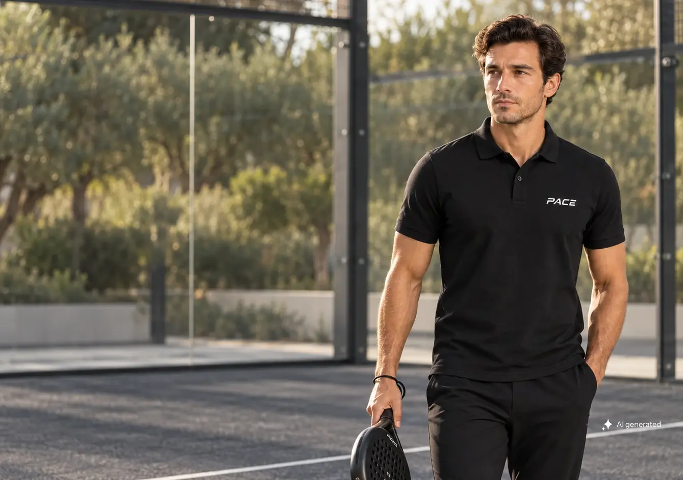 Model im schwarzen PACE Club Polo mit weißem Brustlogo und Padelschläger auf einem graphitgrauen Court im warmen Licht.