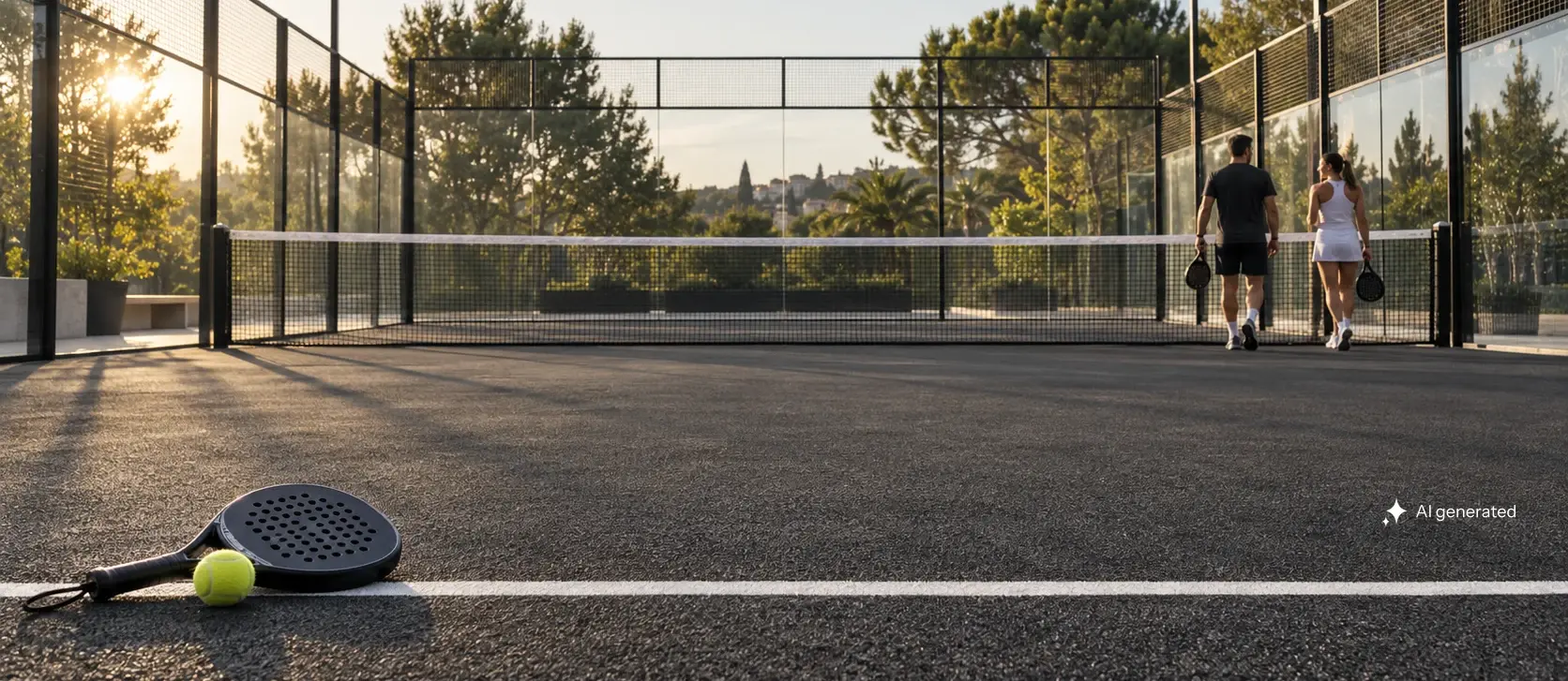 Padelcourt im warmen Abendlicht mit Schläger, Ball und zwei Spielern.